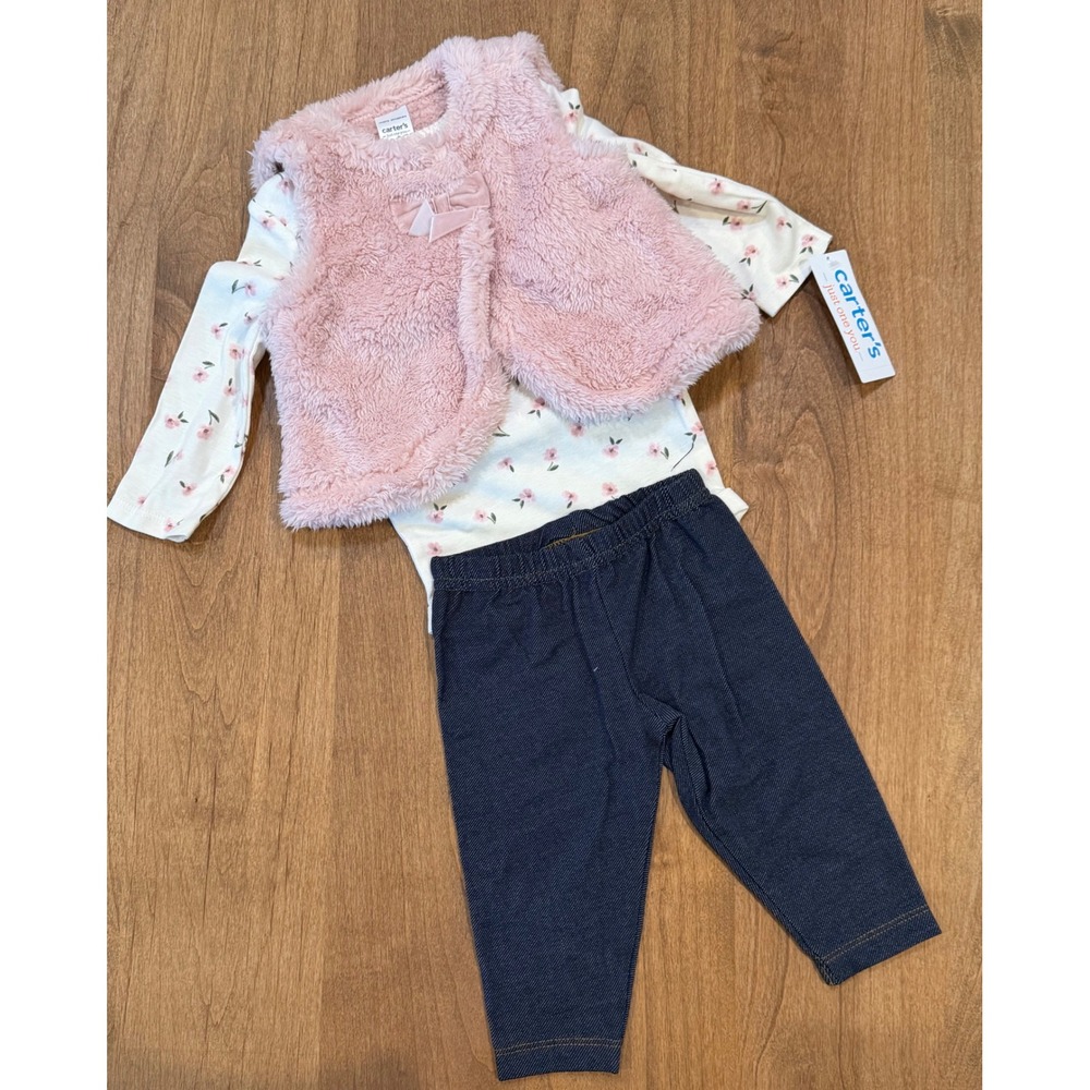 Carters Baby Girls 3-Piece Floral Bodysuit Faux Fur Vest pant 6m set